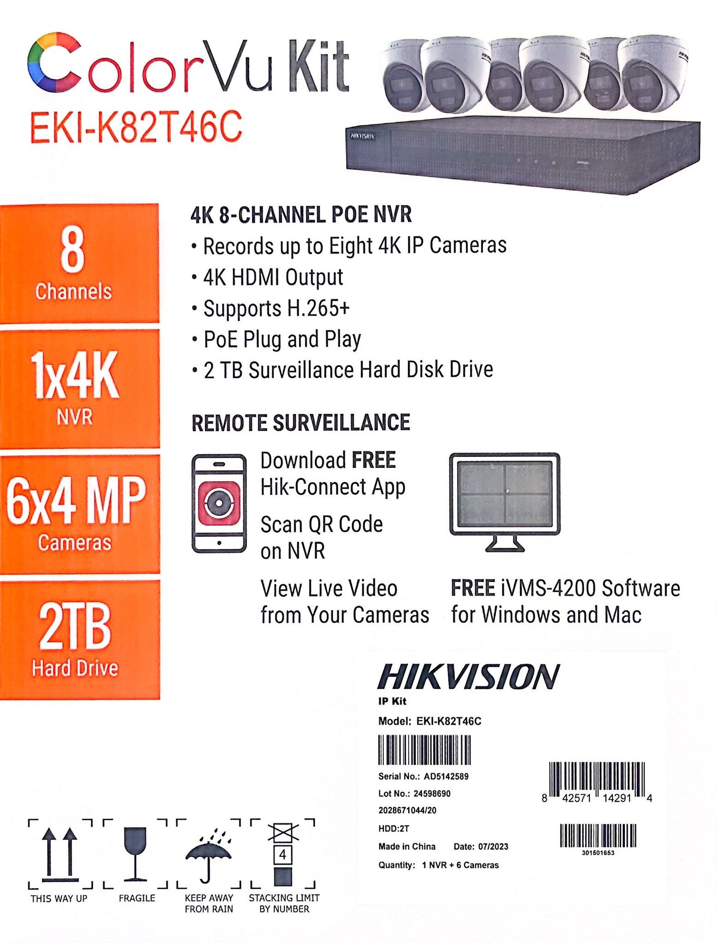 Hikvision IP Security Camera Kit 8 CH 4K NVR with 6 x 4MP ColorVu Turret Cameras   EKI-K82T46C