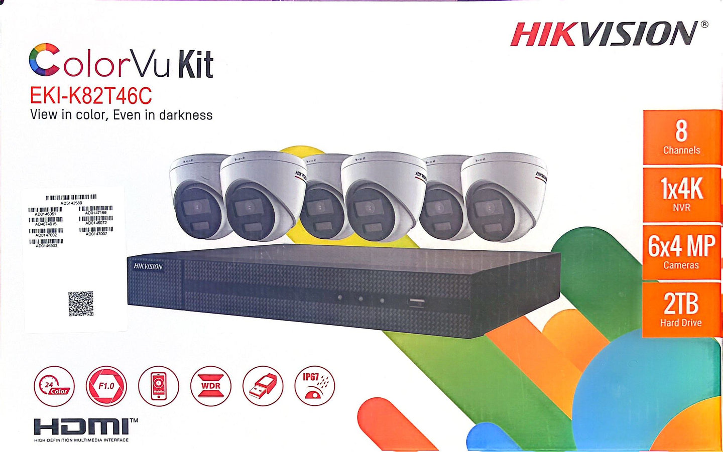 Hikvision IP Security Camera Kit 8 CH 4K NVR with 6 x 4MP ColorVu Turret Cameras   EKI-K82T46C