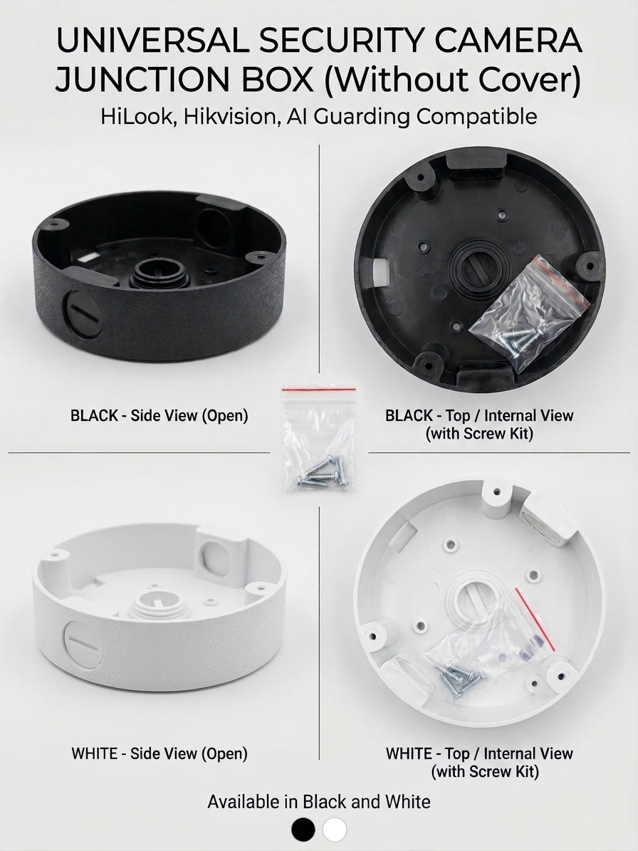 Universal Plastic Security Camera Junction Box Without Cover – Black & White | Hikvision, HiLook & AI Guarding Compatible