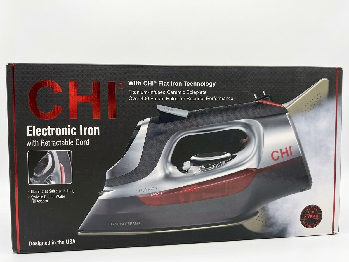 CHI Electronic Steam Iron with Retractable Cord & Flat Iron Technology - Titanium Ceramic Soleplate, 1700 Watts, 400+ Steam Holes, Swivel Water Fill