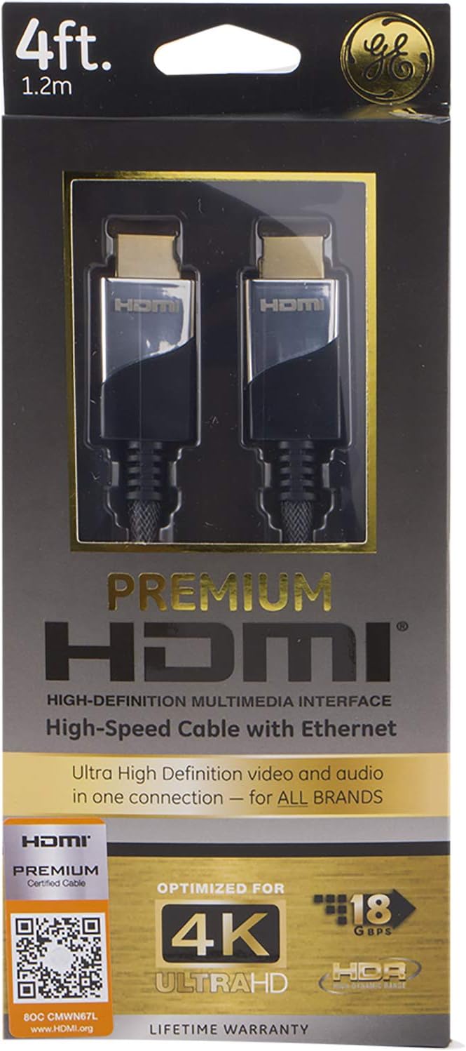 GE Premium HDMI Cable, Ethernet, 4 Foot, Ultra HD, Full HD 1080P, HDR Capability, 18 Gbps Data Transfer, 4K 60Hz HDMI, Works with Smart TVs, Roku, Streaming Devices, Blu Ray, Cable, Black, 35531