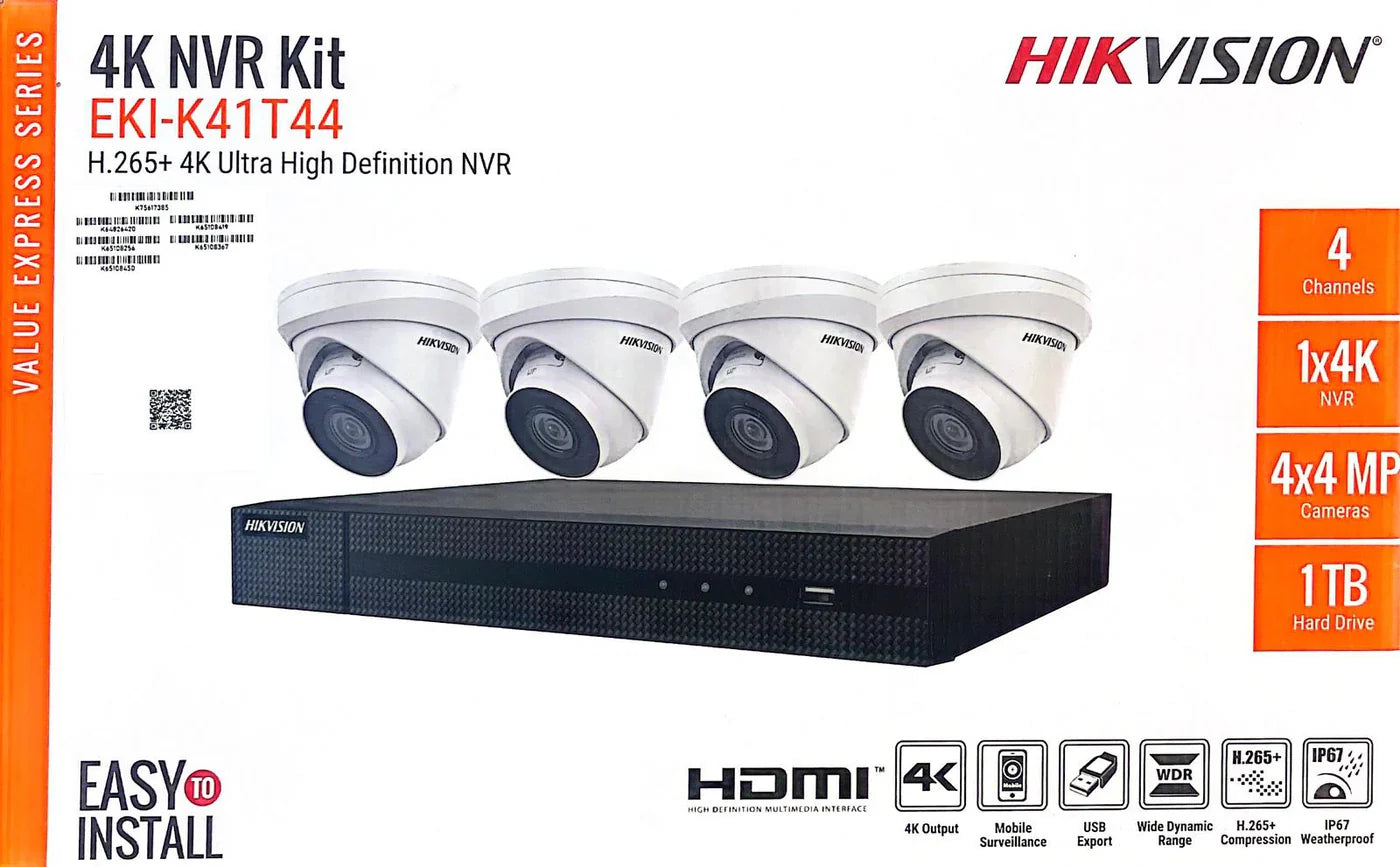 Hikvision 4MP IP Security Camera System Kit – 4, 8 & 16 Channel 4K NVR with 2TB/4TB HDD – Outdoor IR Night Vision Turret Cameras (2.8mm Wide Lens) – White & Black Options
