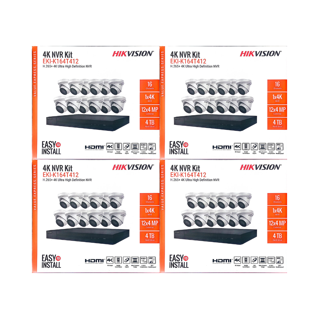 Hikvision 4MP IP Security Camera System Kit – 4, 8 & 16 Channel 4K NVR with 2TB/4TB HDD – Outdoor IR Night Vision Turret Cameras (2.8mm Wide Lens) – White & Black Options