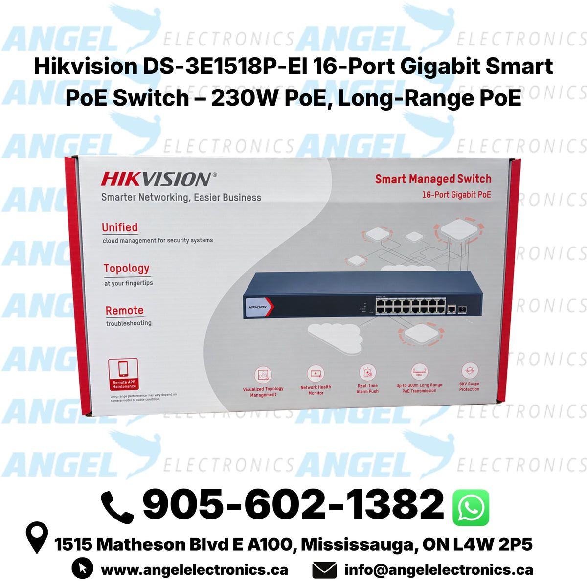 Hikvision DS-3E1518P-EI 16-Port Gigabit Smart PoE Switch – 230W PoE, Long-Range PoE