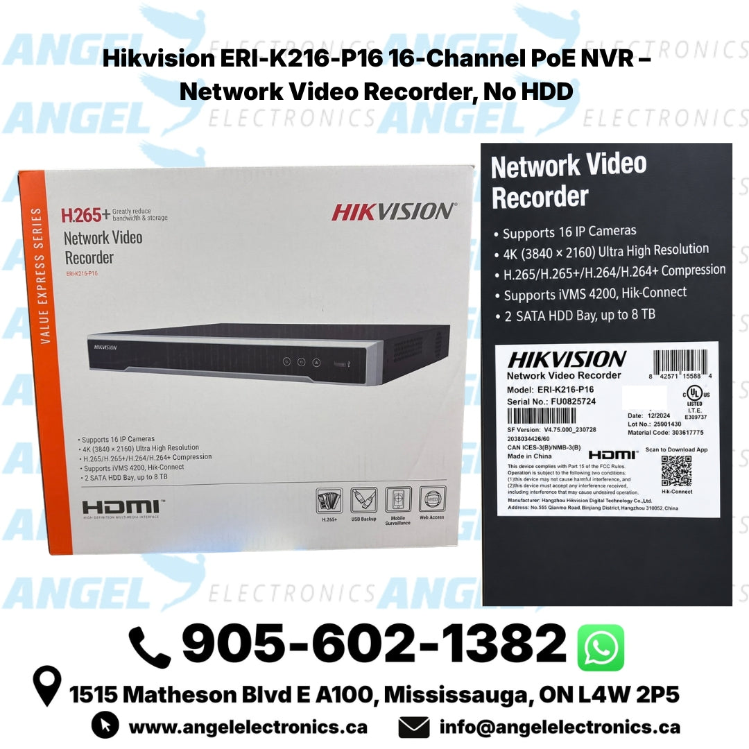 Hikvision ERI-K216-P16 16-Channel PoE NVR – Network Video Recorder, No HDD
