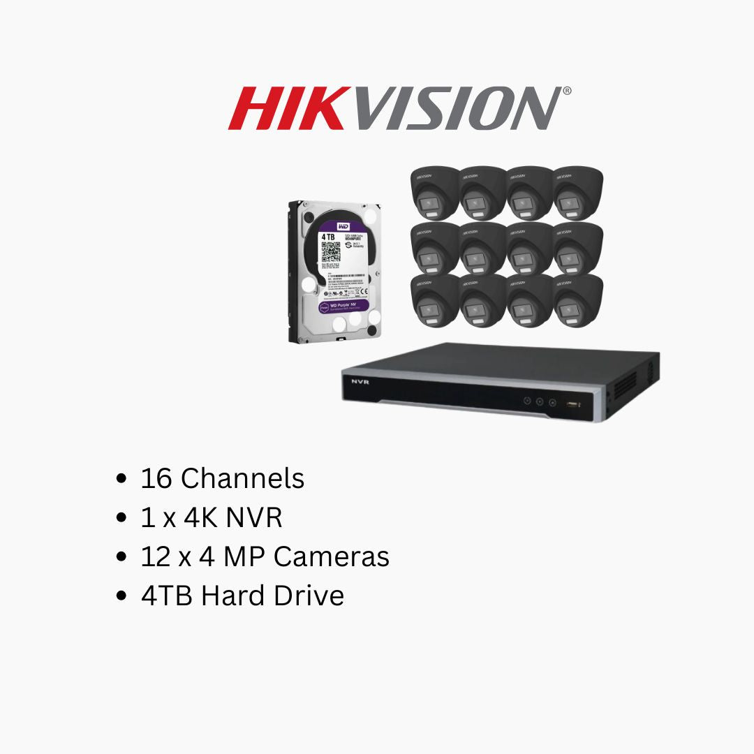 Hikvision ColorVu 4MP IP Security Camera System Kit – 4, 8 & 16 Channel 4K NVR with 2TB/4TB HDD – Outdoor Night Color Turret Cameras 2.8mm Lens – White & Black Variants