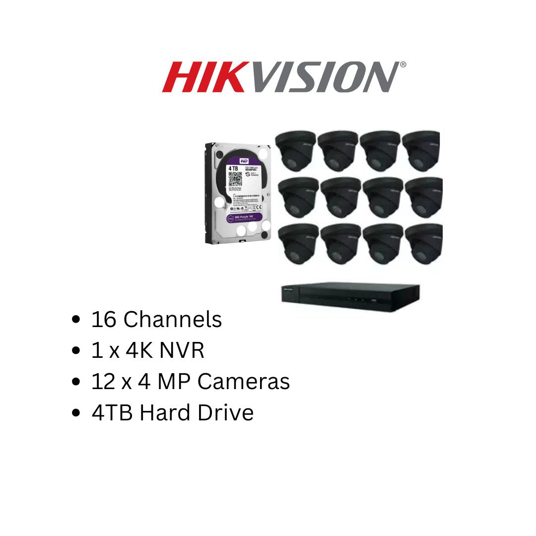 Hikvision 4MP IP Security Camera System Kit – 4, 8 & 16 Channel 4K NVR with 2TB/4TB HDD – Outdoor IR Night Vision Turret Cameras (2.8mm Wide Lens) – White & Black Options