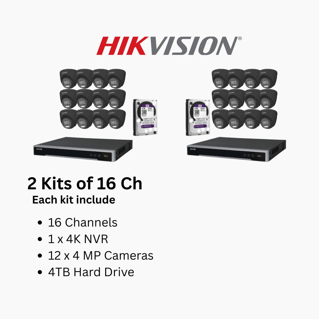Hikvision ColorVu 4MP IP Security Camera System Kit – 4, 8 & 16 Channel 4K NVR with 2TB/4TB HDD – Outdoor Night Color Turret Cameras 2.8mm Lens – White & Black Variants
