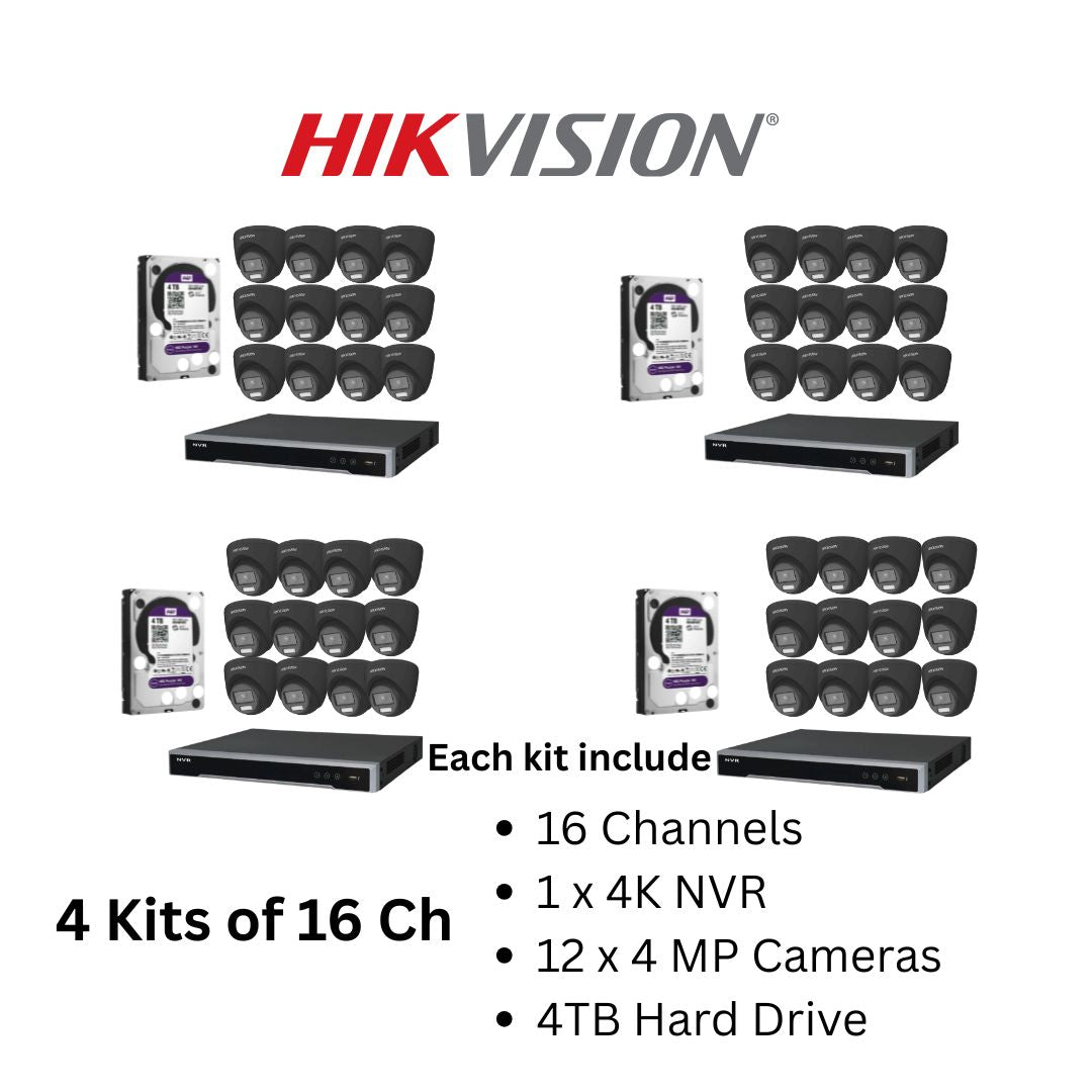 Hikvision ColorVu 4MP IP Security Camera System Kit – 4, 8 & 16 Channel 4K NVR with 2TB/4TB HDD – Outdoor Night Color Turret Cameras 2.8mm Lens – White & Black Variants