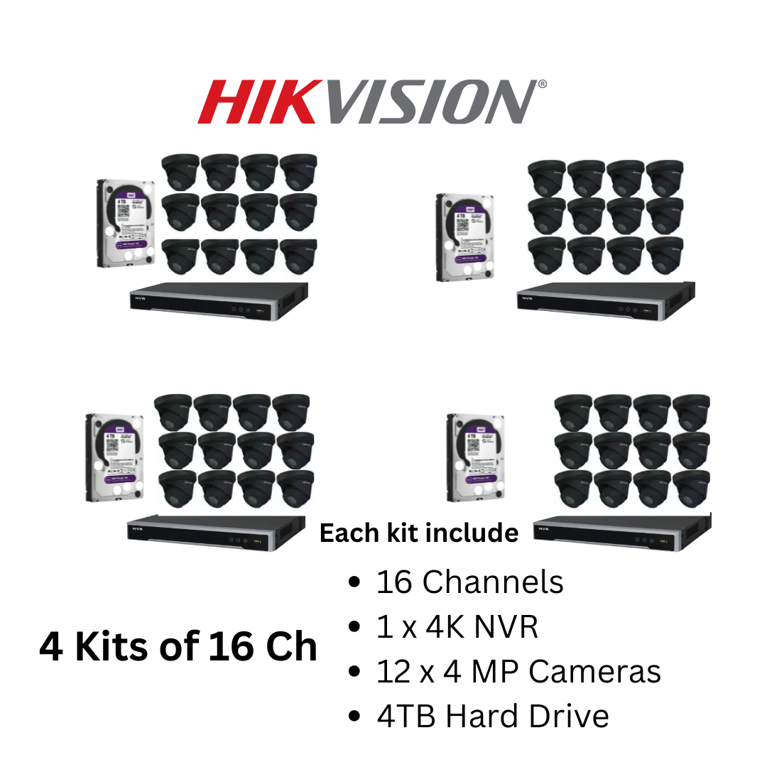 Hikvision 4MP IP Security Camera System Kit – 4, 8 & 16 Channel 4K NVR with 2TB/4TB HDD – Outdoor IR Night Vision Turret Cameras (2.8mm Wide Lens) – White & Black Options