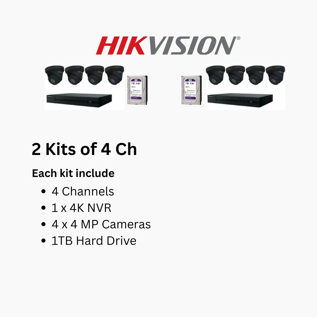 Hikvision 4MP IP Security Camera System Kit – 4, 8 & 16 Channel 4K NVR with 2TB/4TB HDD – Outdoor IR Night Vision Turret Cameras (2.8mm Wide Lens) – White & Black Options