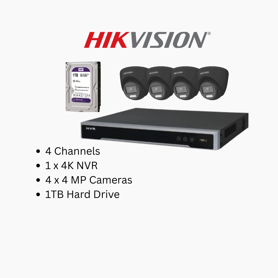 Hikvision ColorVu 4MP IP Security Camera System Kit – 4, 8 & 16 Channel 4K NVR with 2TB/4TB HDD – Outdoor Night Color Turret Cameras 2.8mm Lens – White & Black Variants