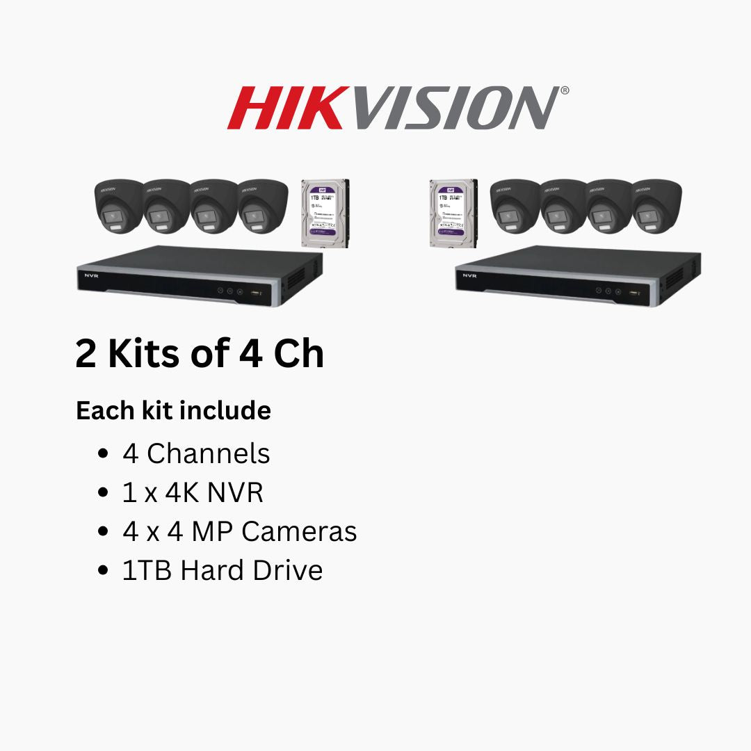 Hikvision ColorVu 4MP IP Security Camera System Kit – 4, 8 & 16 Channel 4K NVR with 2TB/4TB HDD – Outdoor Night Color Turret Cameras 2.8mm Lens – White & Black Variants