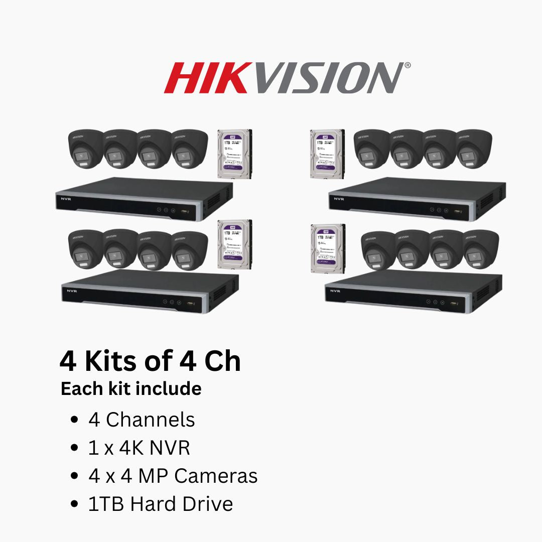 Hikvision ColorVu 4MP IP Security Camera System Kit – 4, 8 & 16 Channel 4K NVR with 2TB/4TB HDD – Outdoor Night Color Turret Cameras 2.8mm Lens – White & Black Variants