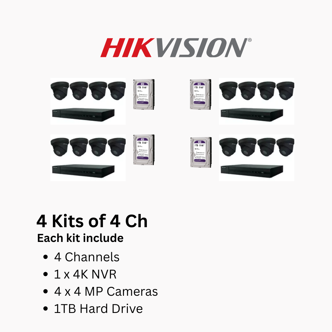 Hikvision 4MP IP Security Camera System Kit – 4, 8 & 16 Channel 4K NVR with 2TB/4TB HDD – Outdoor IR Night Vision Turret Cameras (2.8mm Wide Lens) – White & Black Options