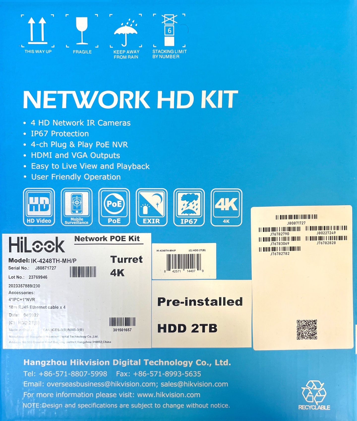 HiLook IK-4284TH-MH/PH/P 4-Channel 4MP Color Vu PoE NVR Kit | 2 TB pre-installed HDD, Water and dust resistant (IP67)