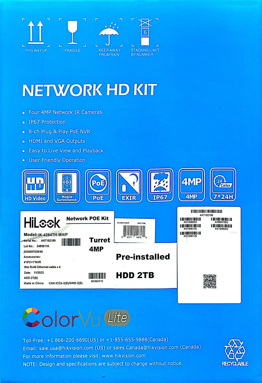 HiLook IK-4284TH-MH/PH/P 4-Channel 4MP Color Vu PoE NVR Kit | 2 TB pre-installed HDD, Water and dust resistant (IP67)