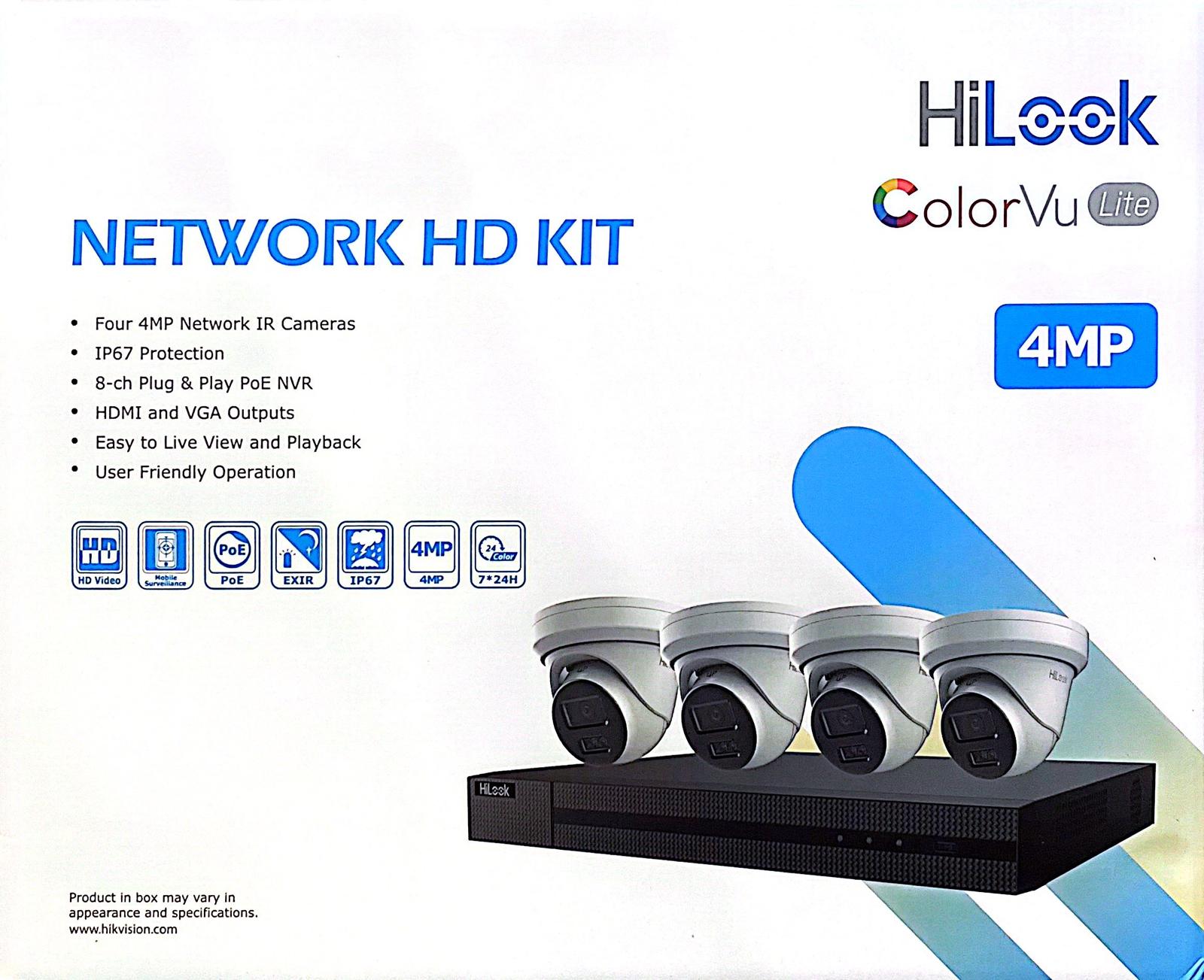 HiLook IK-4284TH-MH/PH/P 4-Channel 4MP Color Vu PoE NVR Kit | 2 TB pre-installed HDD, Water and dust resistant (IP67)
