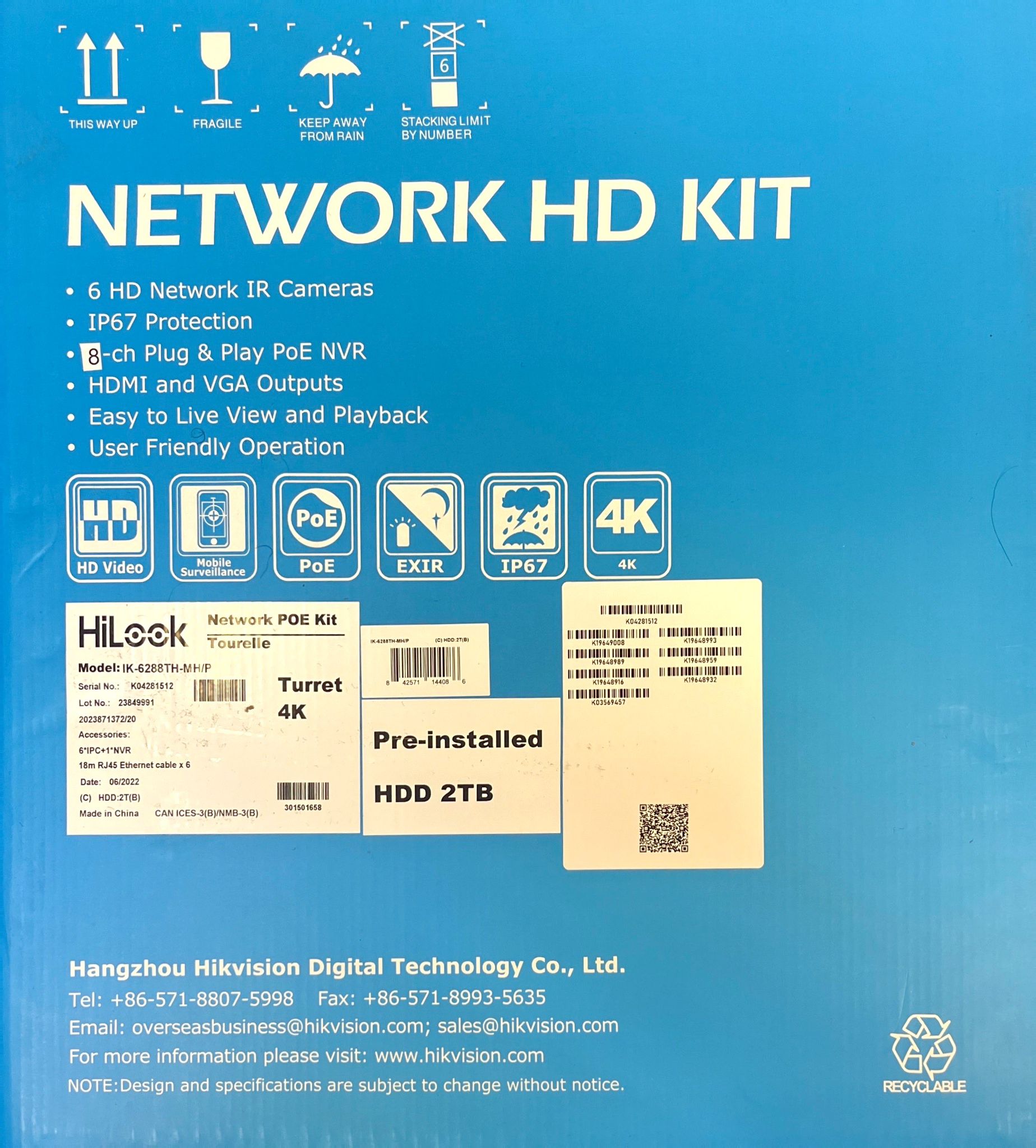 HiLook IK-6288TH-MH/P 8-Channel 4K PoE NVR Kit | 2TB pre-Installed HDD NVR, 2 x SATA for Additional Storage (up to 8TB per HDD), IP67 Rated