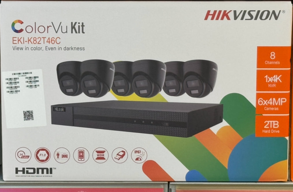HIKVISION COLORVU KIT SIX 4MP OUTDOOR TURRET CAMERAS 2.8MM LENS 8CH 4K NVR  EKI-K82T46 C IP (BLACK)