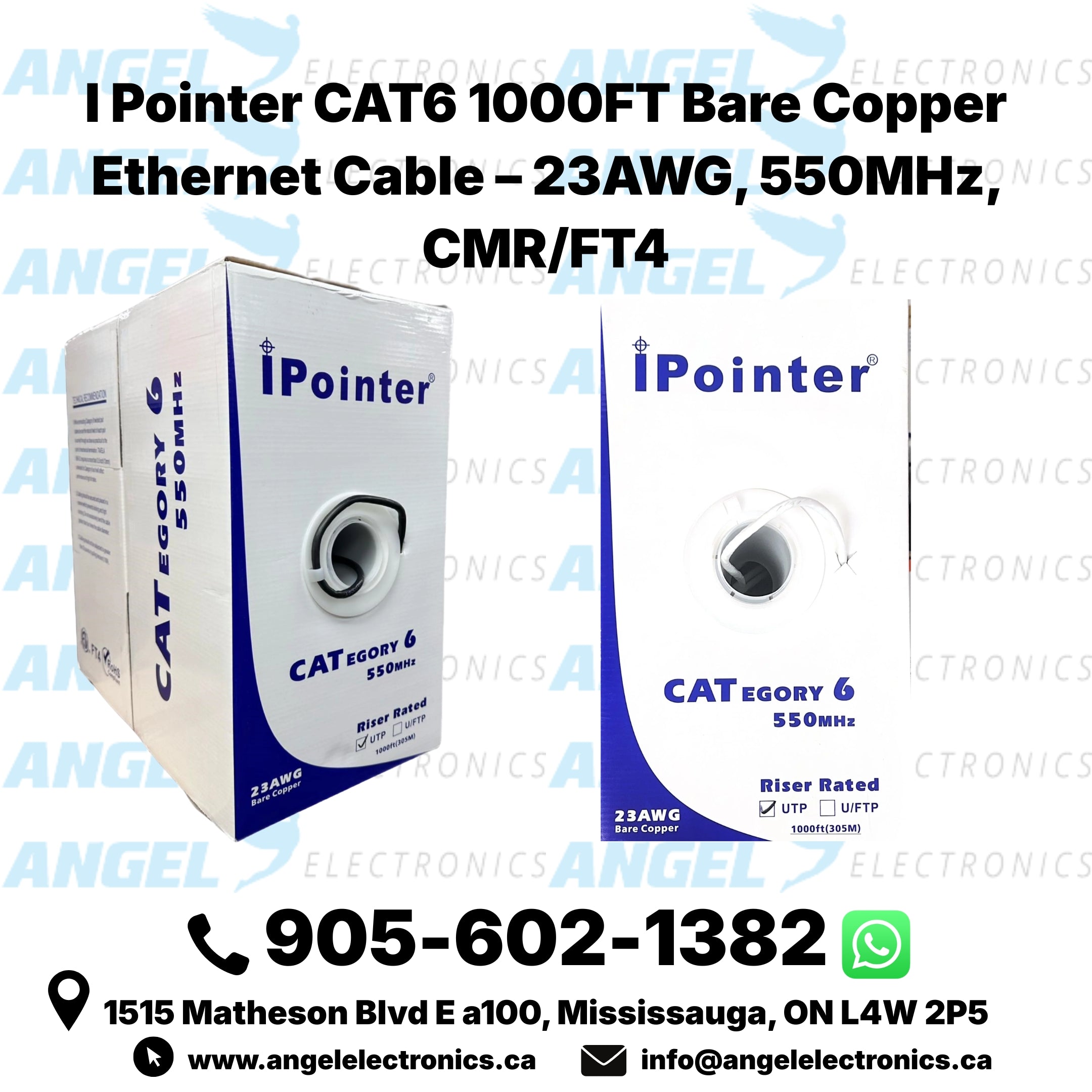 I Pointer CAT6 1000FT Bare Copper Ethernet Cable – 23AWG, 550MHz, CMR/FT4