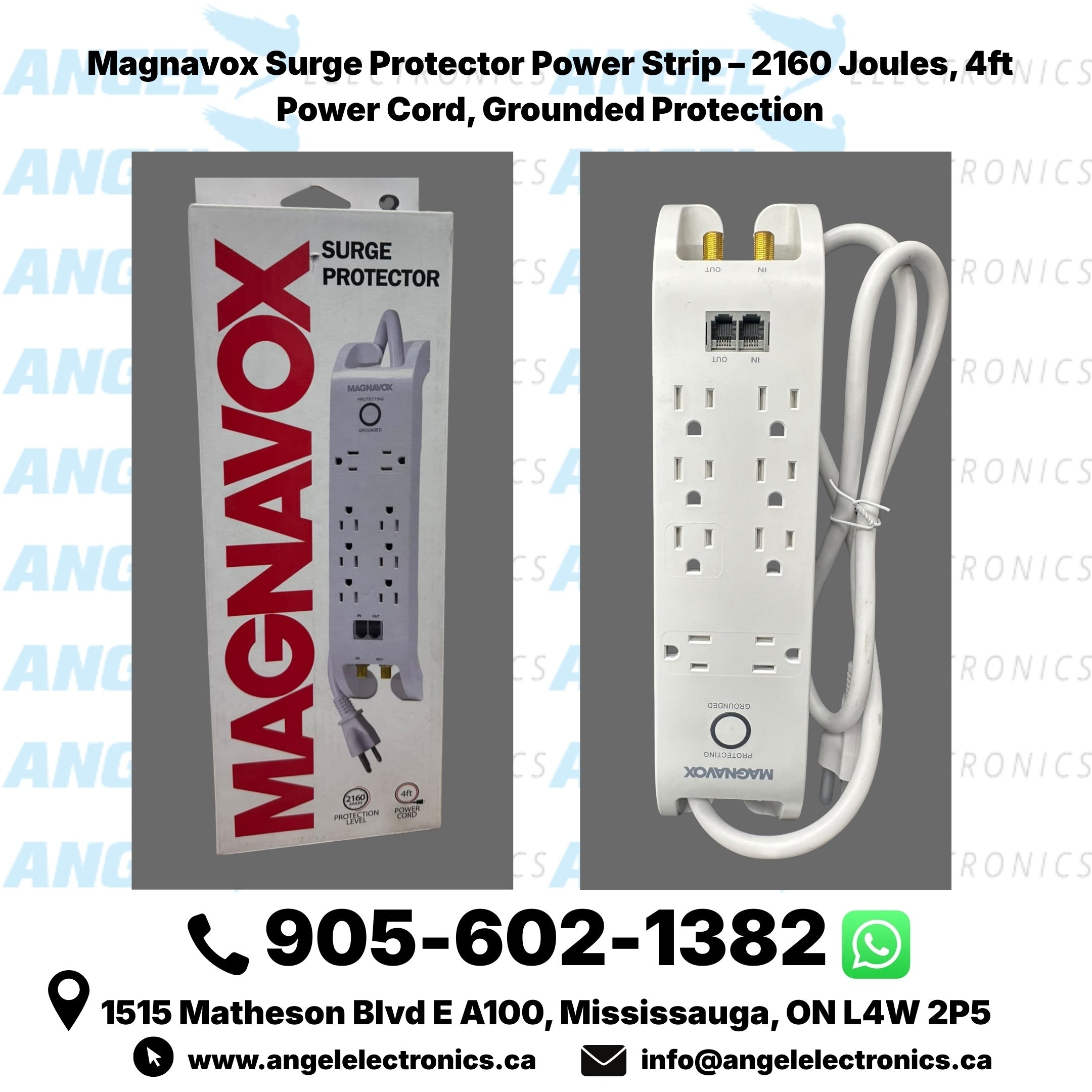 Magnavox Surge Protector Power Strip – 2160 Joules, 4ft Cord, Grounded with Telephone/Network Protection