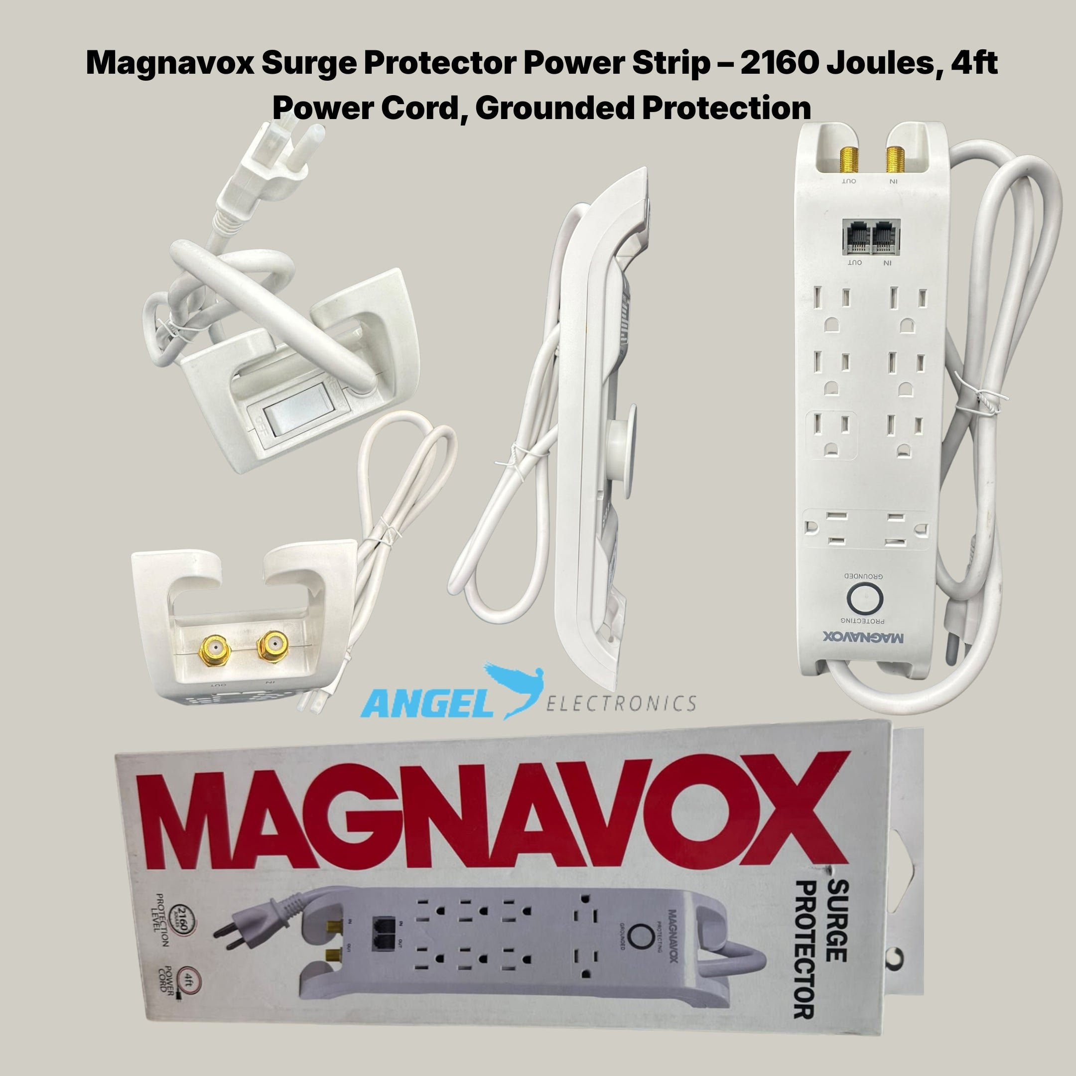 Magnavox Surge Protector Power Strip – 2160 Joules, 4ft Cord, Grounded with Telephone/Network Protection
