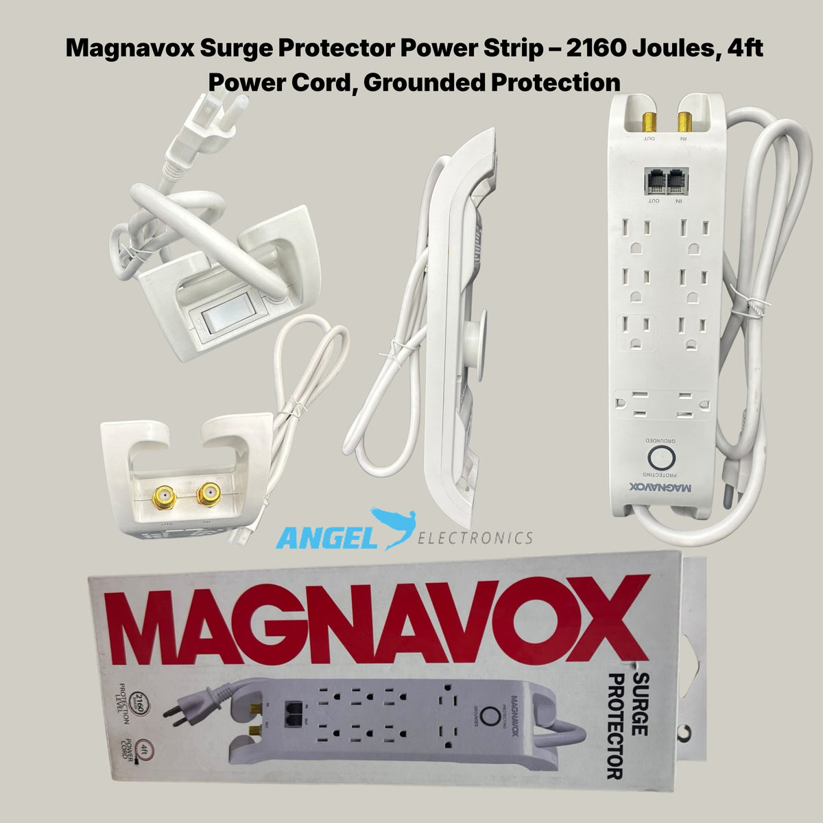 Magnavox Surge Protector Power Strip – 2160 Joules, 4ft Cord, Grounded with Telephone/Network Protection