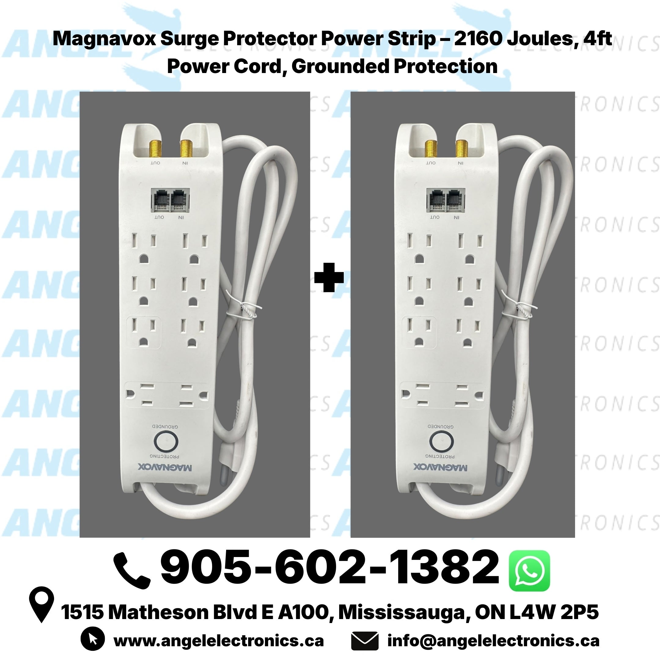 Magnavox Surge Protector Power Strip – 2160 Joules, 4ft Cord, Grounded with Telephone/Network Protection
