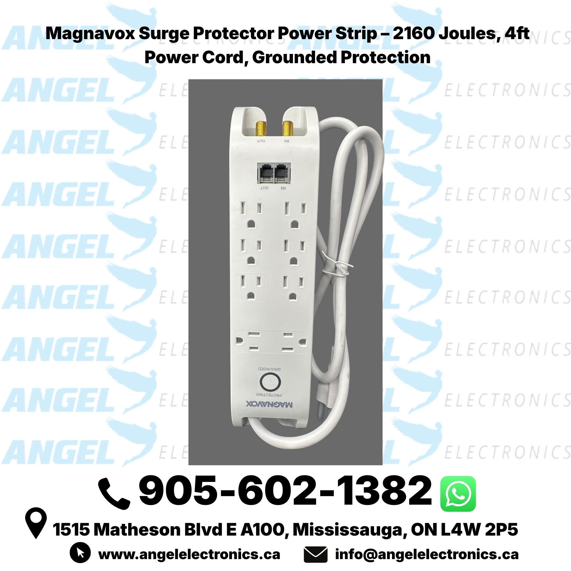 Magnavox Surge Protector Power Strip – 2160 Joules, 4ft Cord, Grounded with Telephone/Network Protection