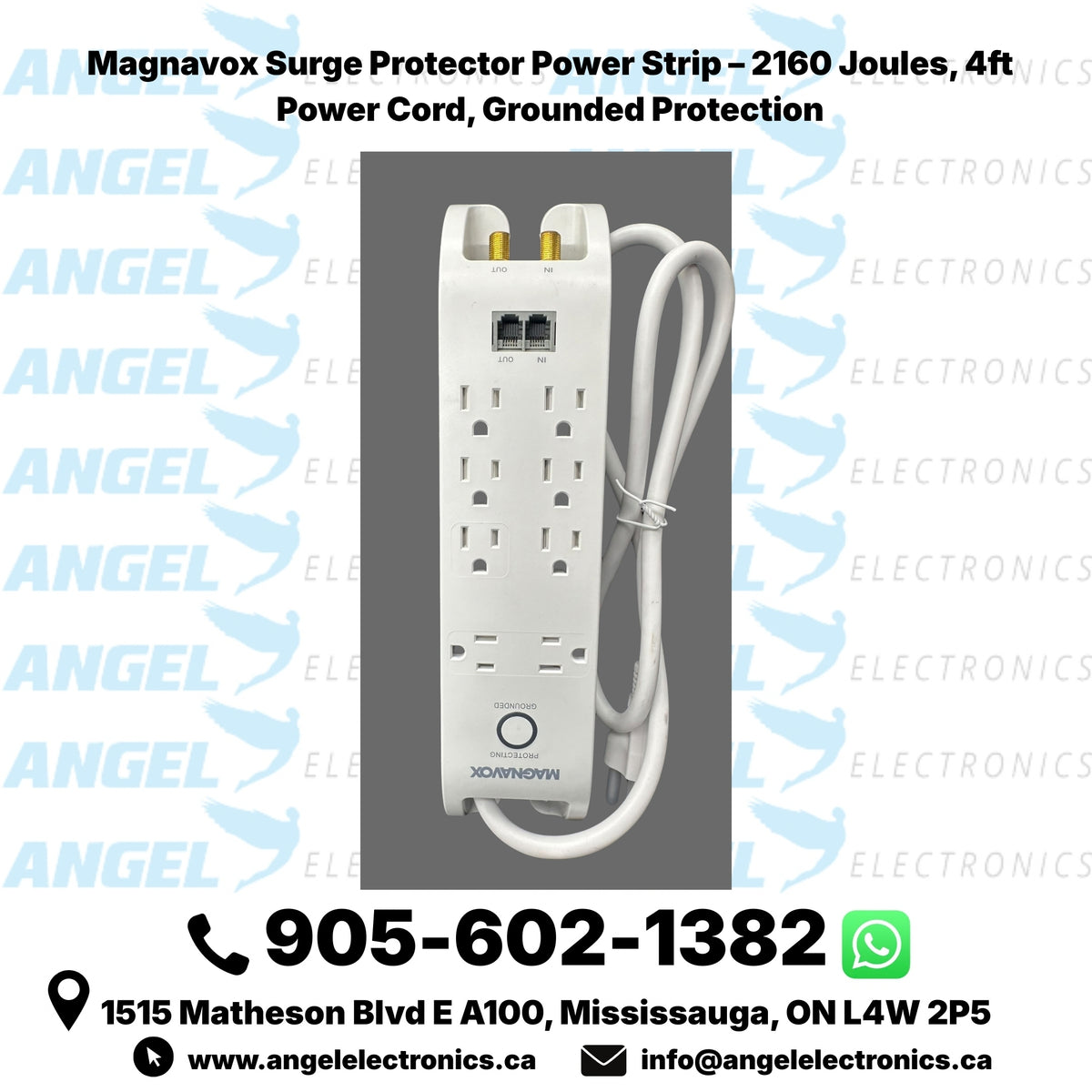 Magnavox Surge Protector Power Strip – 2160 Joules, 4ft Cord, Grounded with Telephone/Network Protection