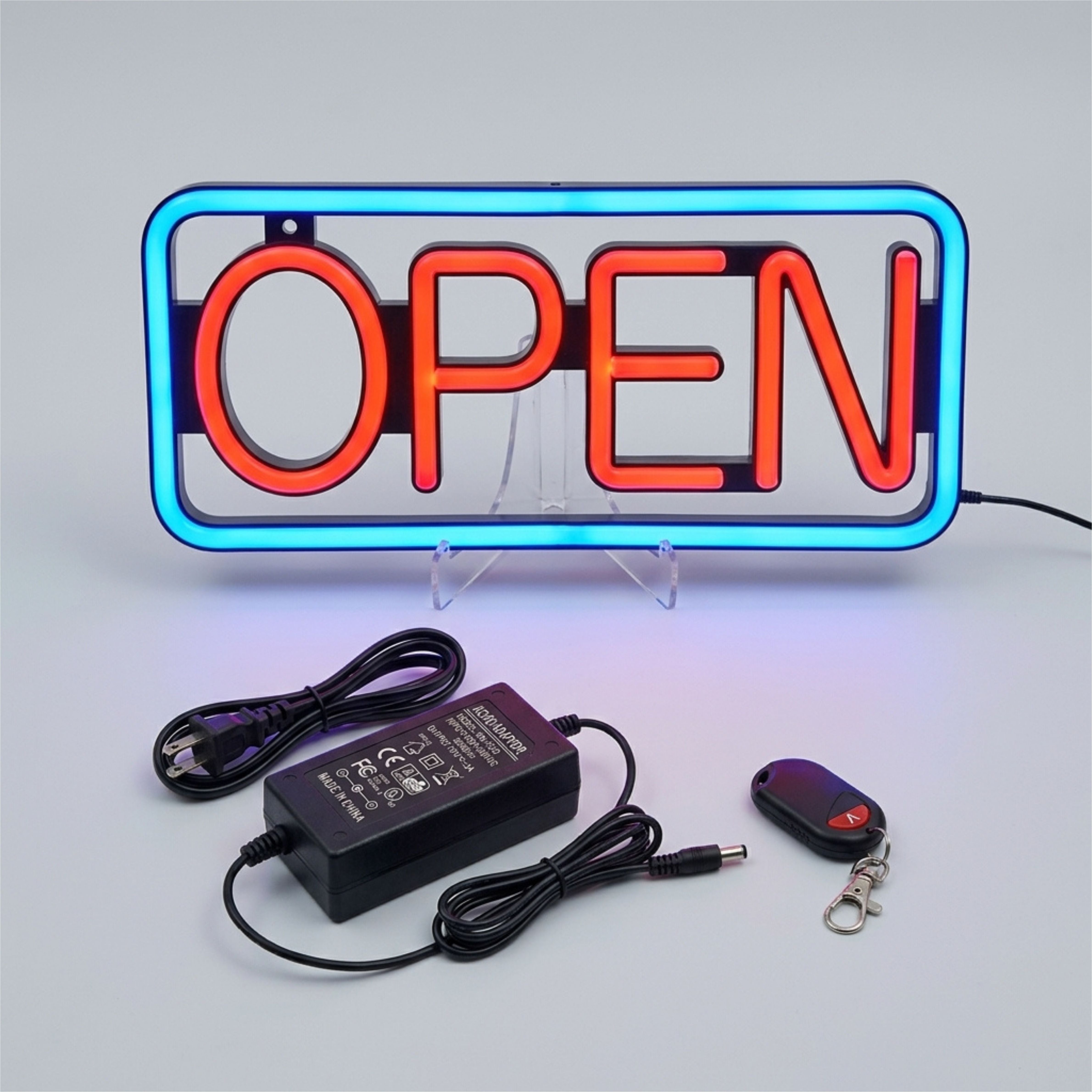 LED Open Sign with Remote Control & Power Adapter – Red and Blue Neon-Style Business Sign