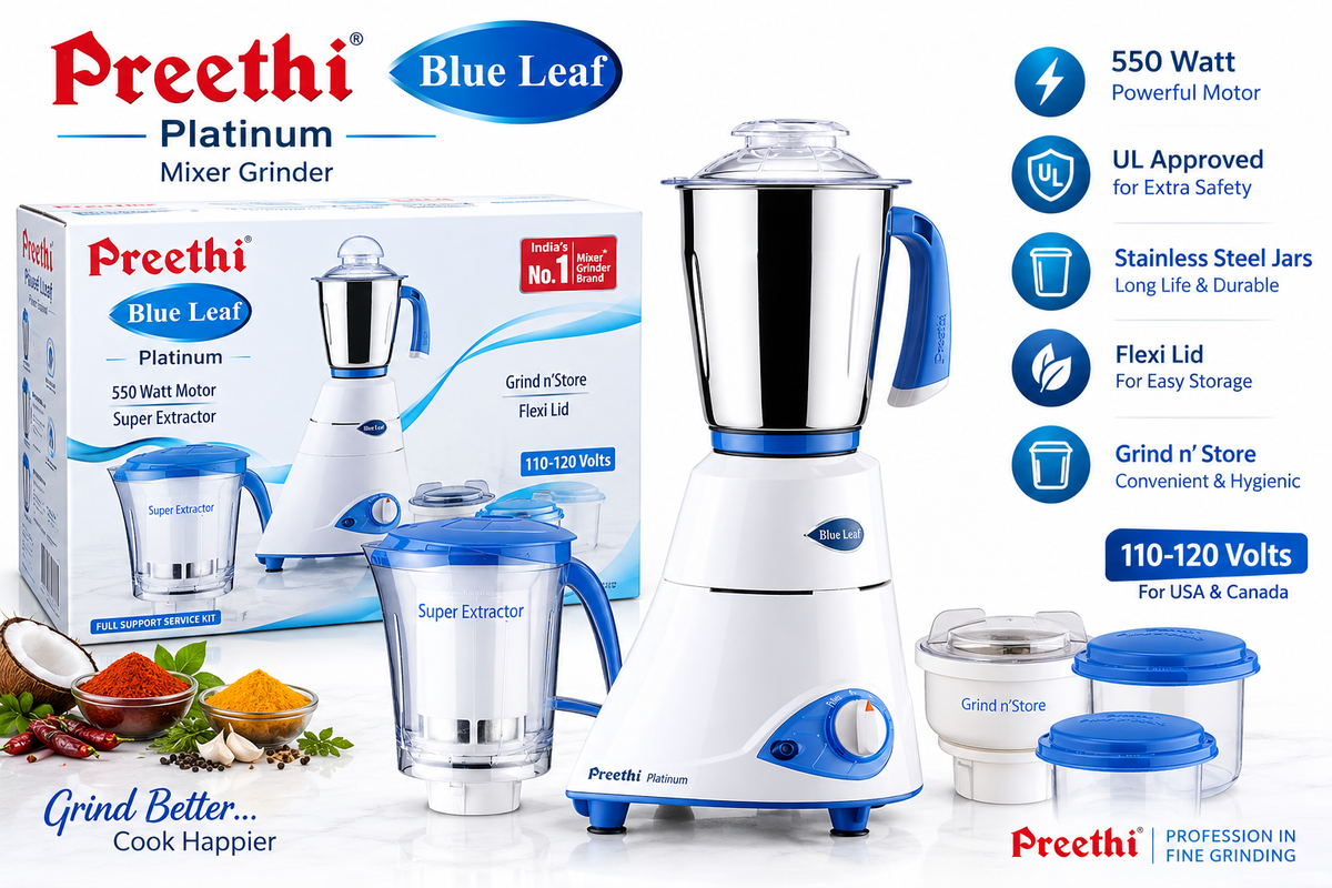 Preethi Blue Leaf Platinum Mixer Grinder, 110V For USA & Canada