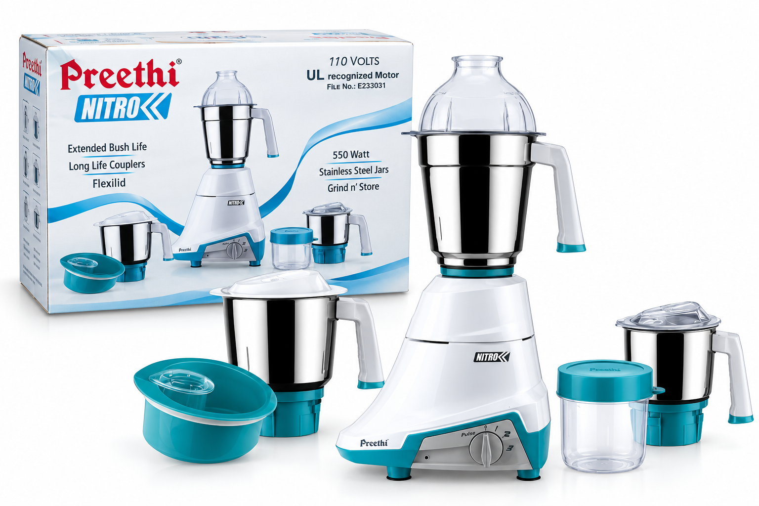 Preethi MG155 Nitro 3-Jar Mixer Grinder, 110-Volts for USA & Canada