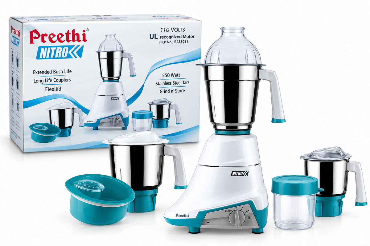Preethi MG155 Nitro 3-Jar Mixer Grinder, 110-Volts for USA & Canada