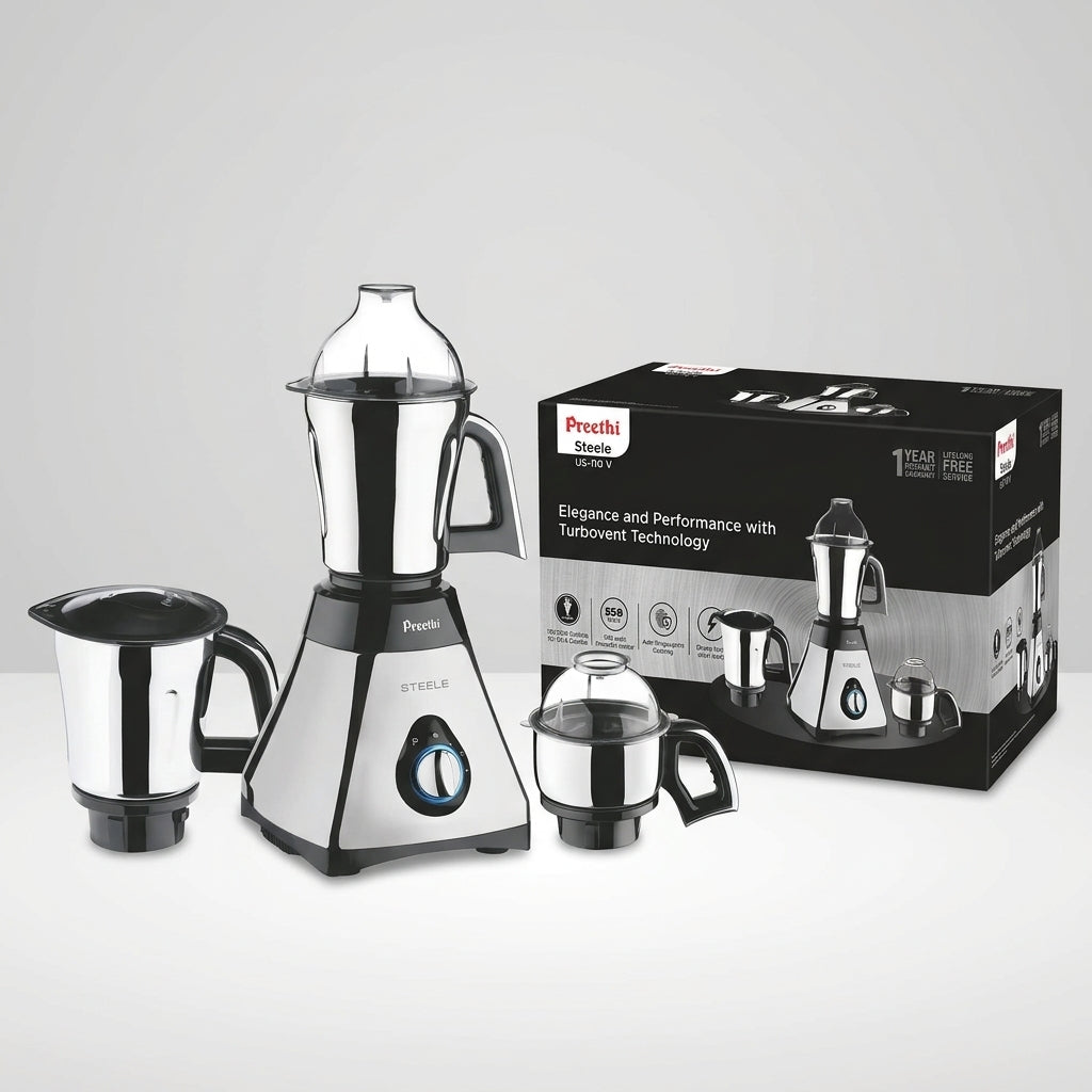 Preethi Steele 3-Jar Mixer Grinder 110-Volts with Turbo Vent and Improved Couplers