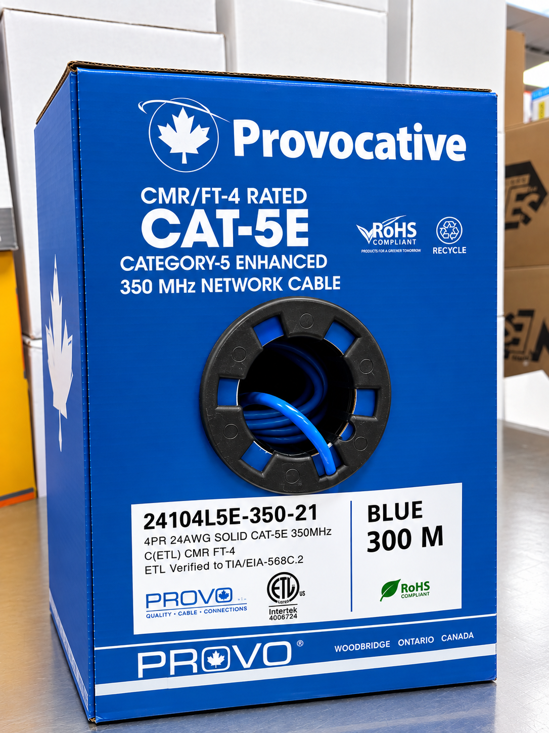 Provo CAT-5E Ethernet Cable – 24AWG Solid Copper, 350MHz, CMR/FT-4, 300m / 1000ft Blue