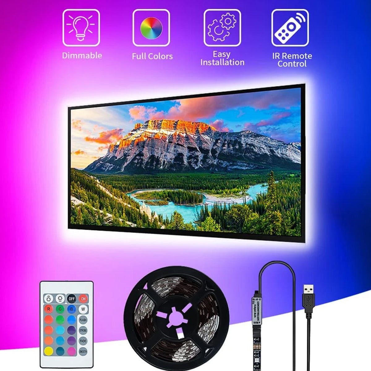 RGB LED TV Backlight Kit with USB Controller & Remote – 2 × 45cm + 2 × 80cm LED Strips, 15 Colours, 6500K White