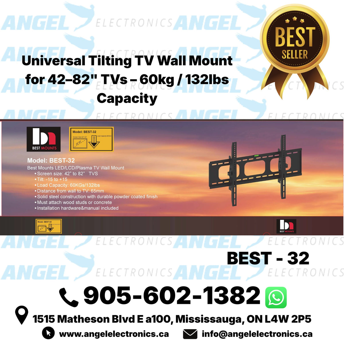BEST-32 Universal Tilting TV Wall Mount for 42–82" TVs – 60kg / 132lbs Capacity