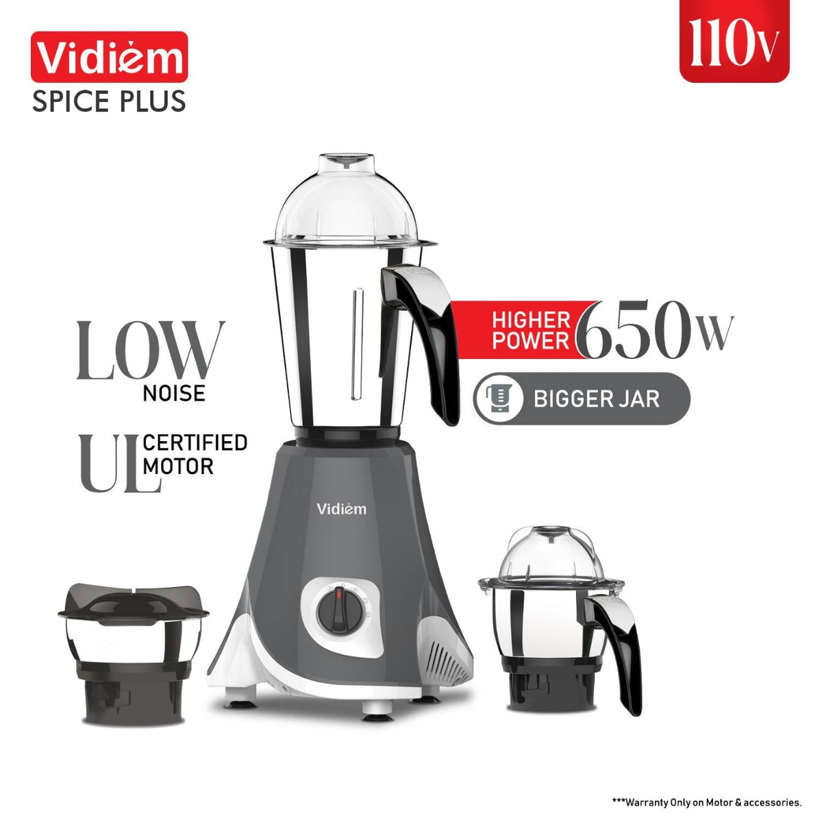 Vidiem SPICE PLUS 650W Mixer Grinder – 110V, 1.5L, Stainless Steel Jars