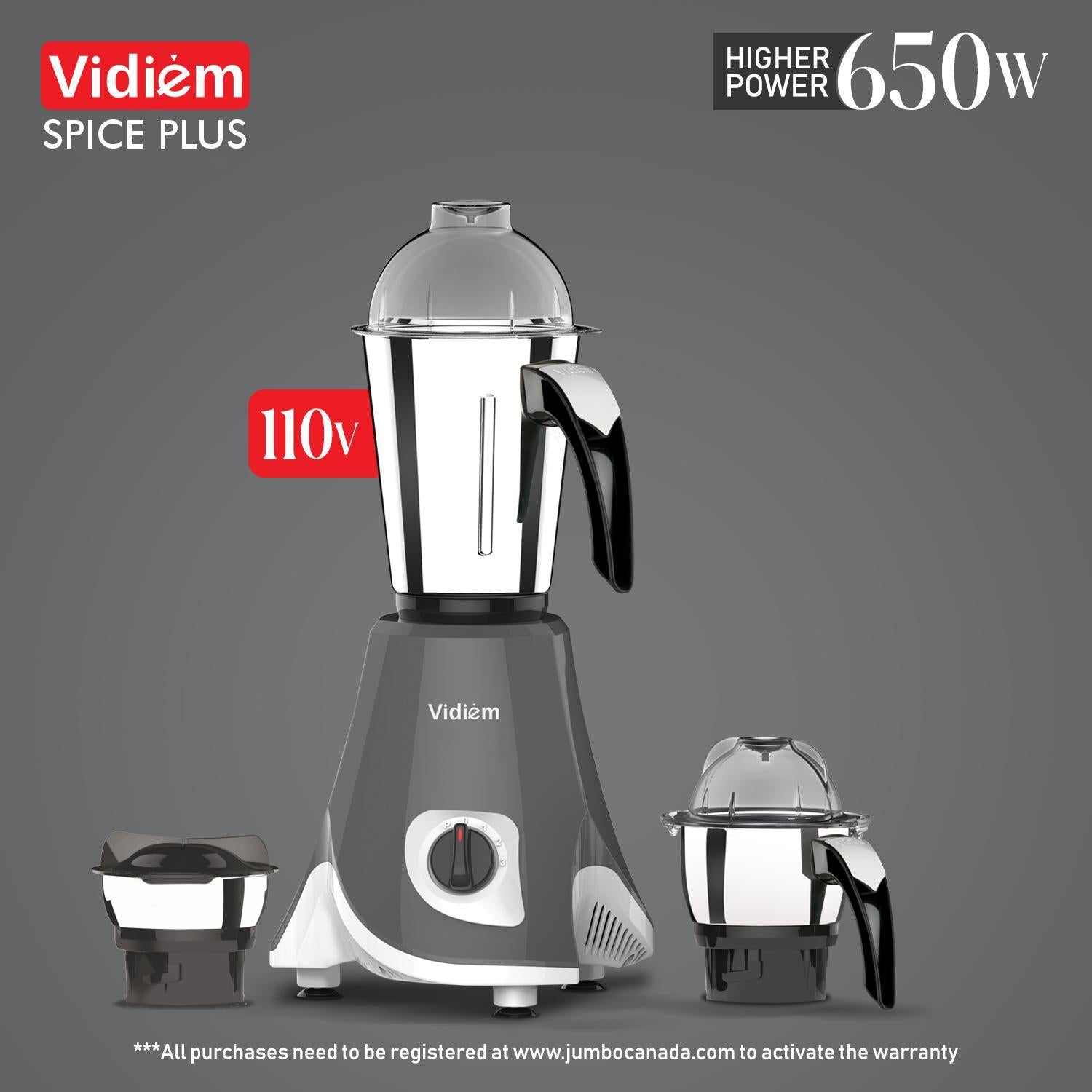 Vidiem SPICE PLUS 650W Mixer Grinder – 110V, 1.5L, Stainless Steel Jars