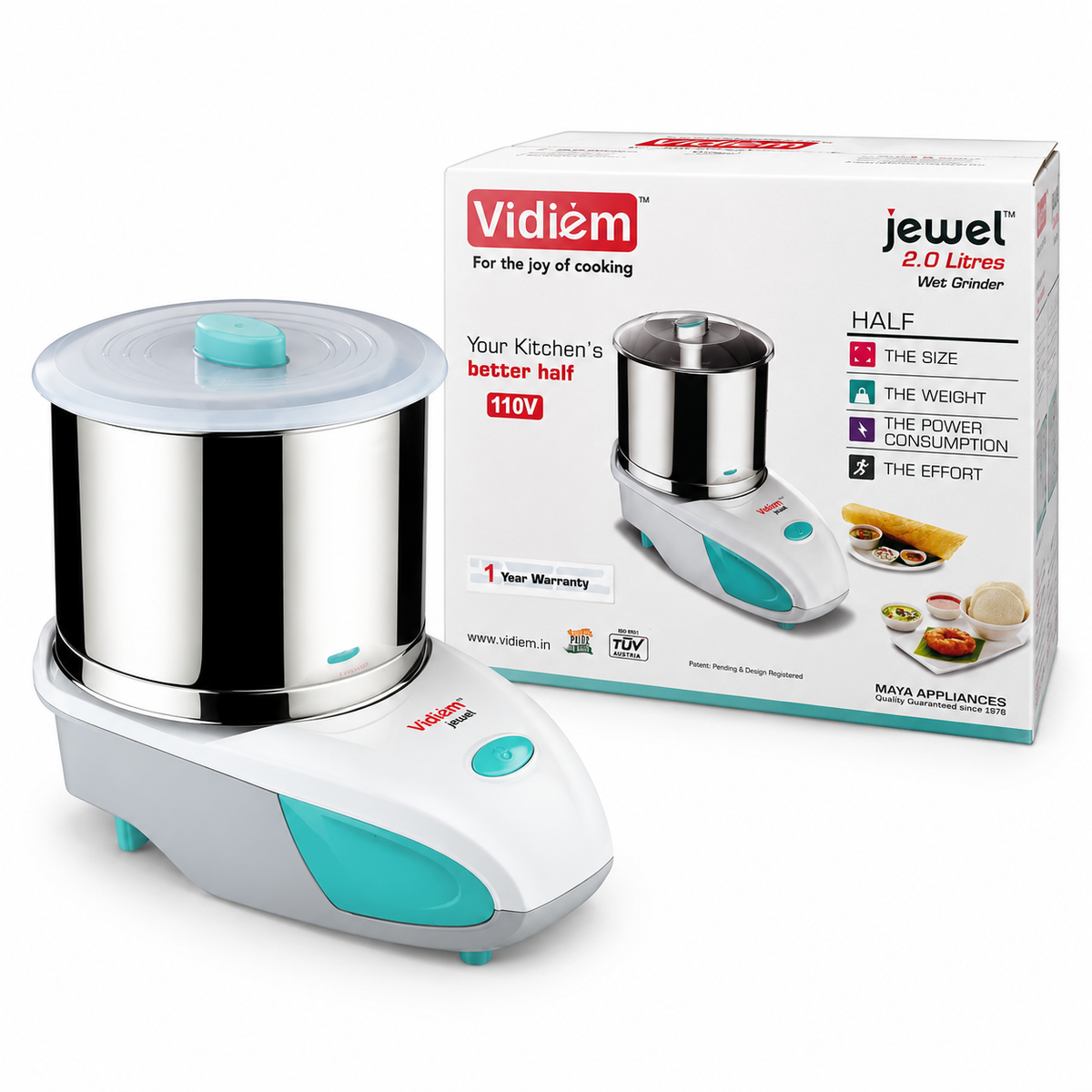 Vidiem Jewel-ST 2-Liter Wet Grinder Stainless Steel Drum, Stone Rollers, 110-Volt