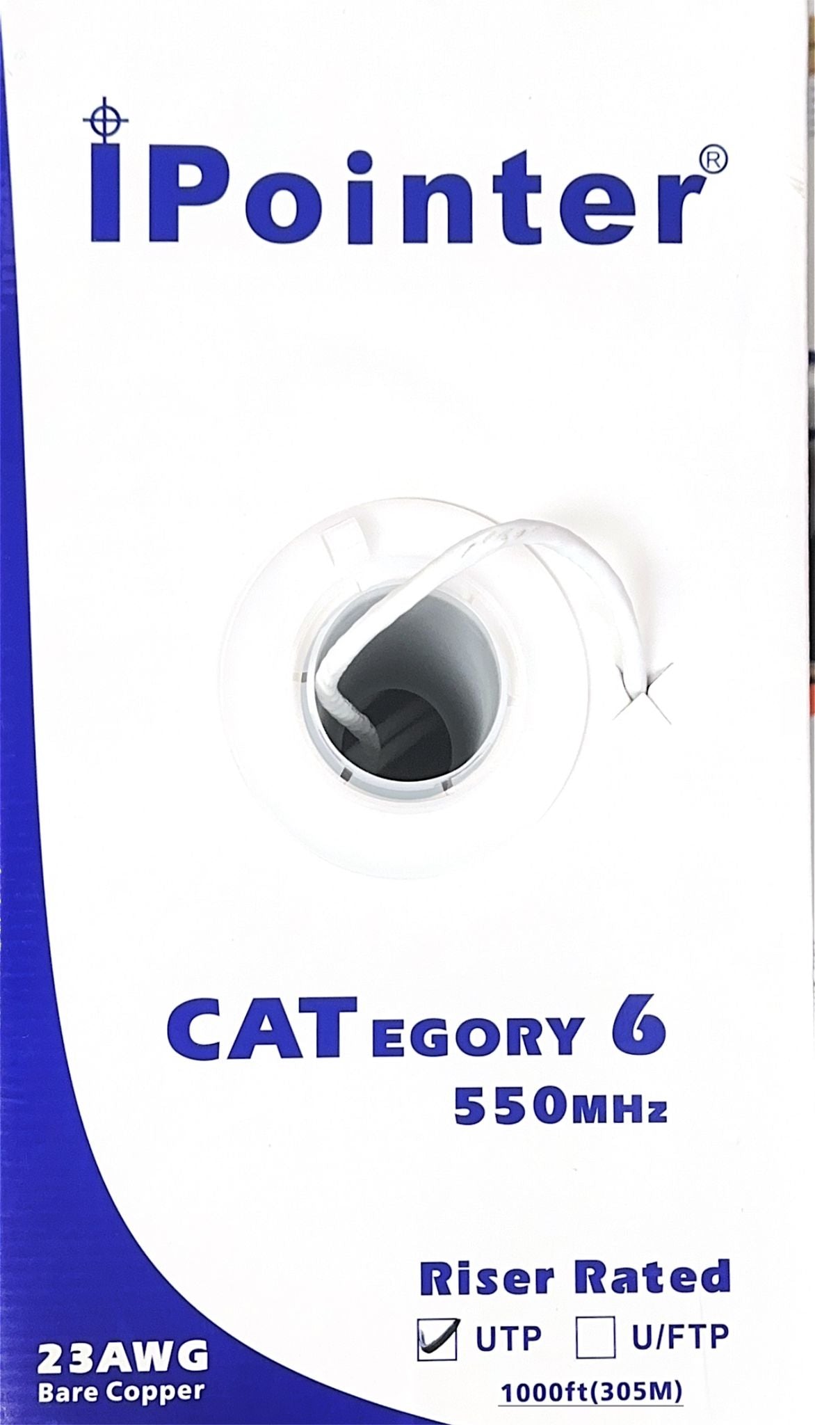 I Pointer CAT6 Bare Copper, C(ETL)US, CMR, FT4 1000FT 23AWG, 550MHZ,White / Black