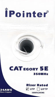 i-Pointer CAT5e Bare Copper, C(ETL)US, CMR, FT4 1000FT, 24AWG, 350MHz, White / Black