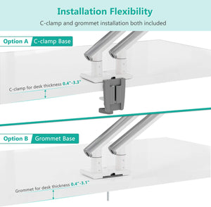 Dual Monitor Stand White Arms Mounts, for 2 Monitors, Mechanical Spring Tension Indicator Fully Adjustable Bracket, Up to 32 inch, 22lbs Weight Capacity , White