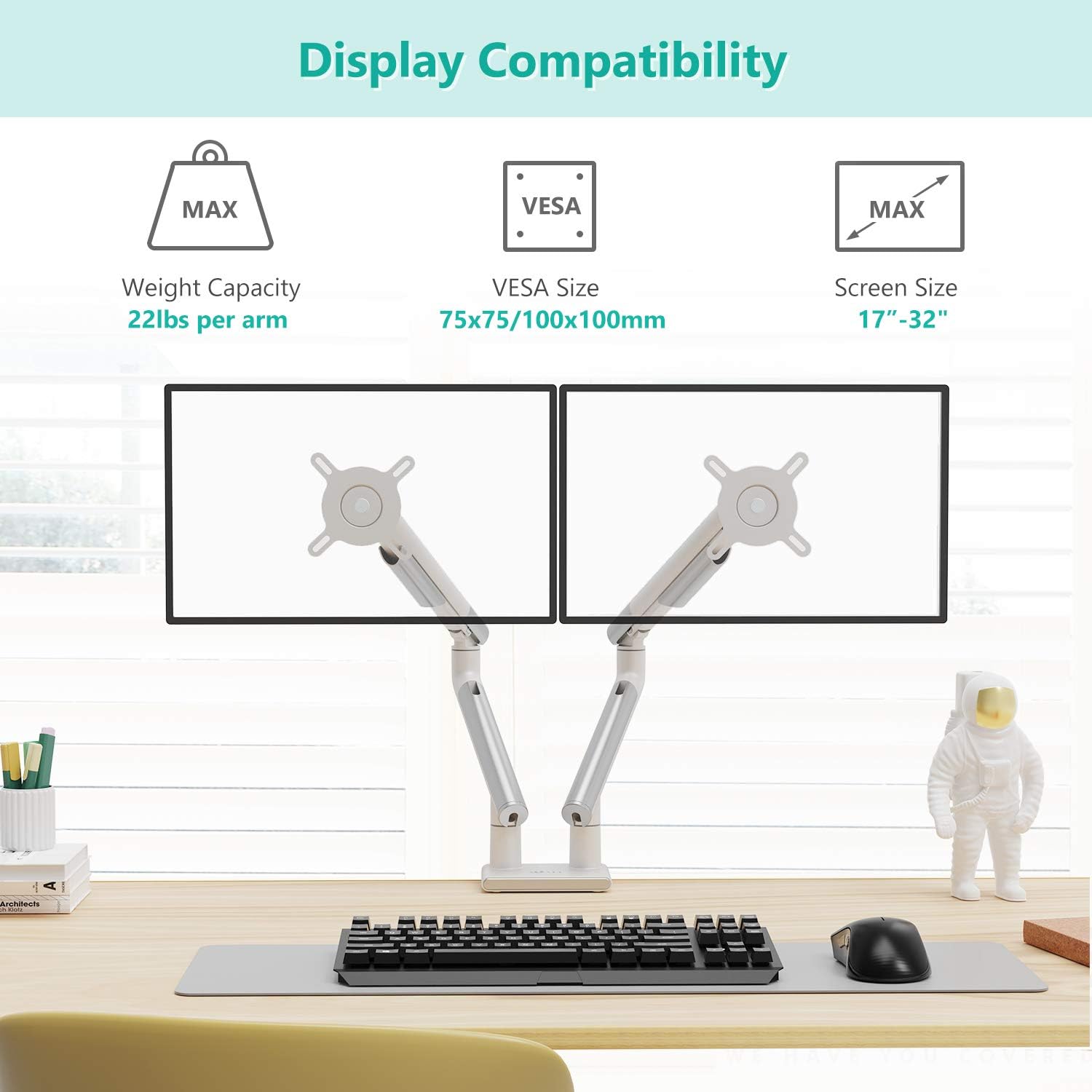 Dual Monitor Stand White Arms Mounts, for 2 Monitors, Mechanical Spring Tension Indicator Fully Adjustable Bracket, Up to 32 inch, 22lbs Weight Capacity , White