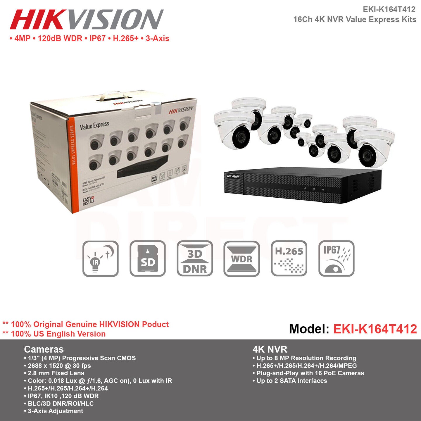 Hikvision IP Security Camera Kit 8 CH 4K NVR with 6 x 4MP ColorVu Turret Cameras   EKI-K82T46C