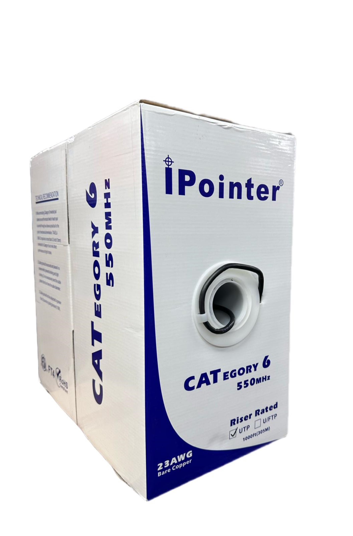 I Pointer CAT6 Bare Copper, C(ETL)US, CMR, FT4 1000FT 23AWG, 550MHZ,White / Black