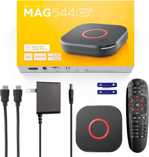 MAG 544w3 Linux 4.9 Set-Top Box, Amlogic S905Y4 Chipset, 1 GB DDR4 RAM, 4 GB Flash Memory, 4K HDR Video, Dolby Digital Plus and Dual-Band 2.4G/5G 2T2R ac WiFi