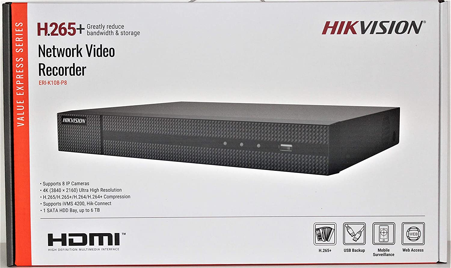 ERI-K108-P8  HIKVISION 8CH NVR H.265+ PoE with 2TB Hard Drive Up to 4K IP Camera